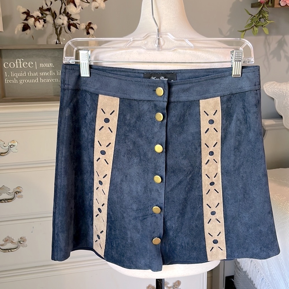 Western Faux Suede A Line Skirt Navy Blue Cowboy Anna Grace Womens Small Mini - Picture 4 of 9